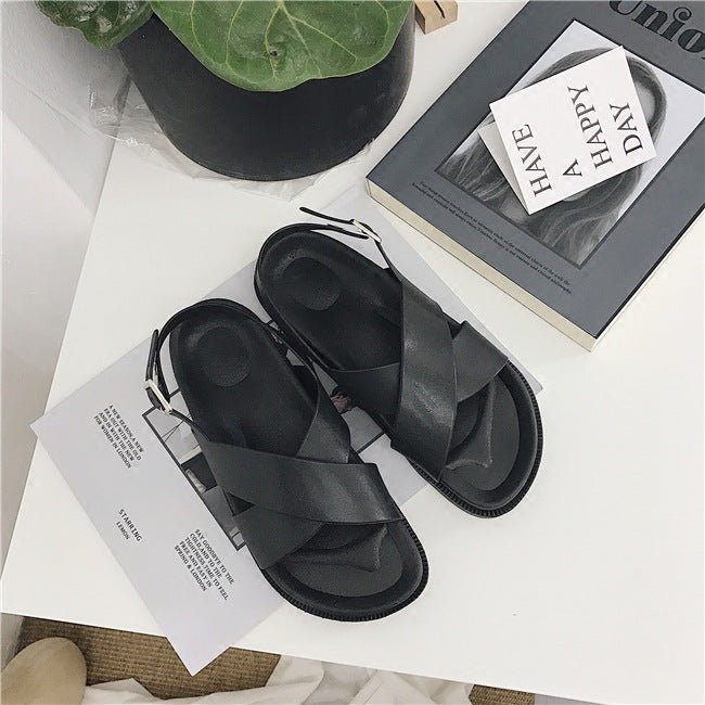 Thick Sole Sandals, Preppy Style Cross Roman Sandals