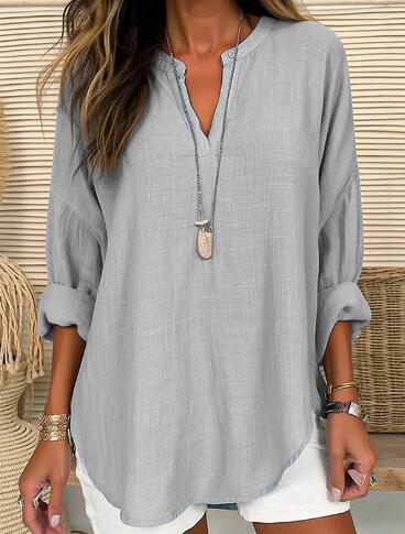 Lightweight V-Neck Long Sleeve Linen Shirt for Women