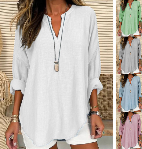 Lightweight V-Neck Long Sleeve Linen Shirt for Women
