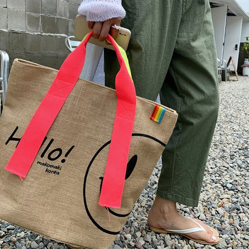 Large Cotton and Linen Smiley Bag for Women