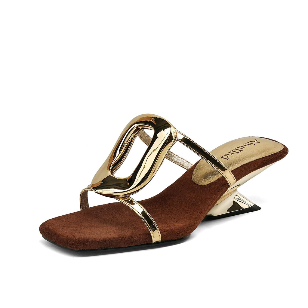 AIUNIIND Heeled Sandals for Women Slip on Sandals 2 Inch Heels Chunky Slides Shoes Comfortable Sandals Square Toe Wedge Dress Shoes Gold 6.5