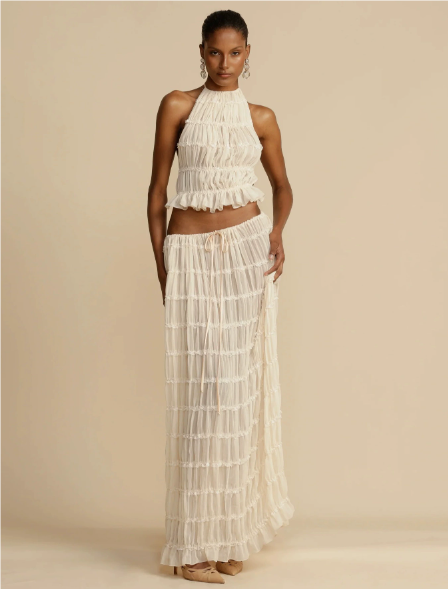 Two-Piece Set Chiffon Pleated Long Dress with Halter (multi colors)