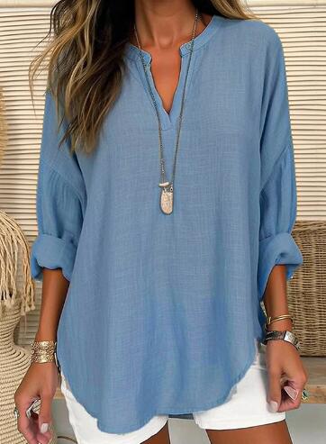 Lightweight V-Neck Long Sleeve Linen Shirt for Women