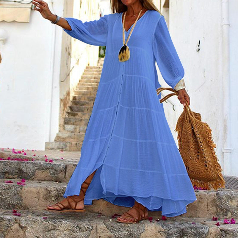 V-neck Long-sleeved Cotton Linen Dress for Women(multi colors)
