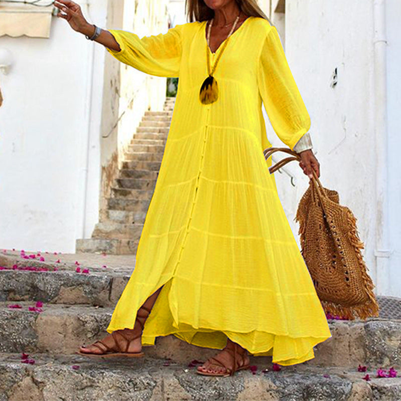 V-neck Long-sleeved Cotton Linen Dress for Women(multi colors)