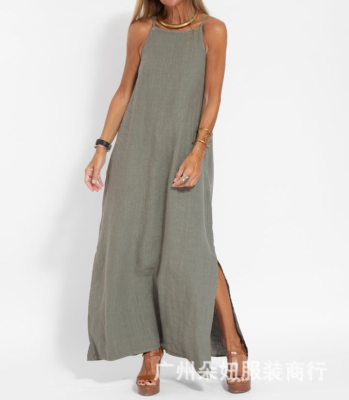 Casual Cotton & Linen Split Sling Dress for Women (multi colors )