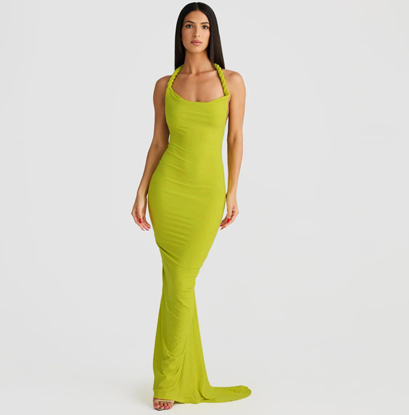 Chic Backless Halter Pleated Sheath Maxi Dress