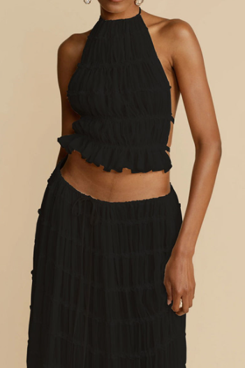 Two-Piece Set Chiffon Pleated Long Dress with Halter (multi colors)