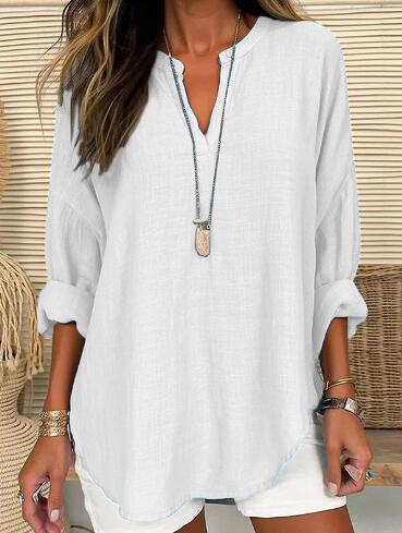 Lightweight V-Neck Long Sleeve Linen Shirt for Women