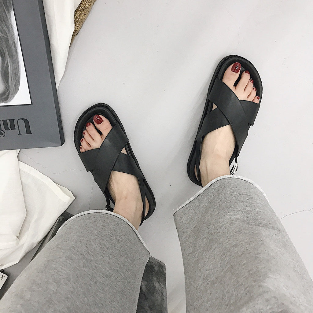 Thick Sole Sandals, Preppy Style Cross Roman Sandals