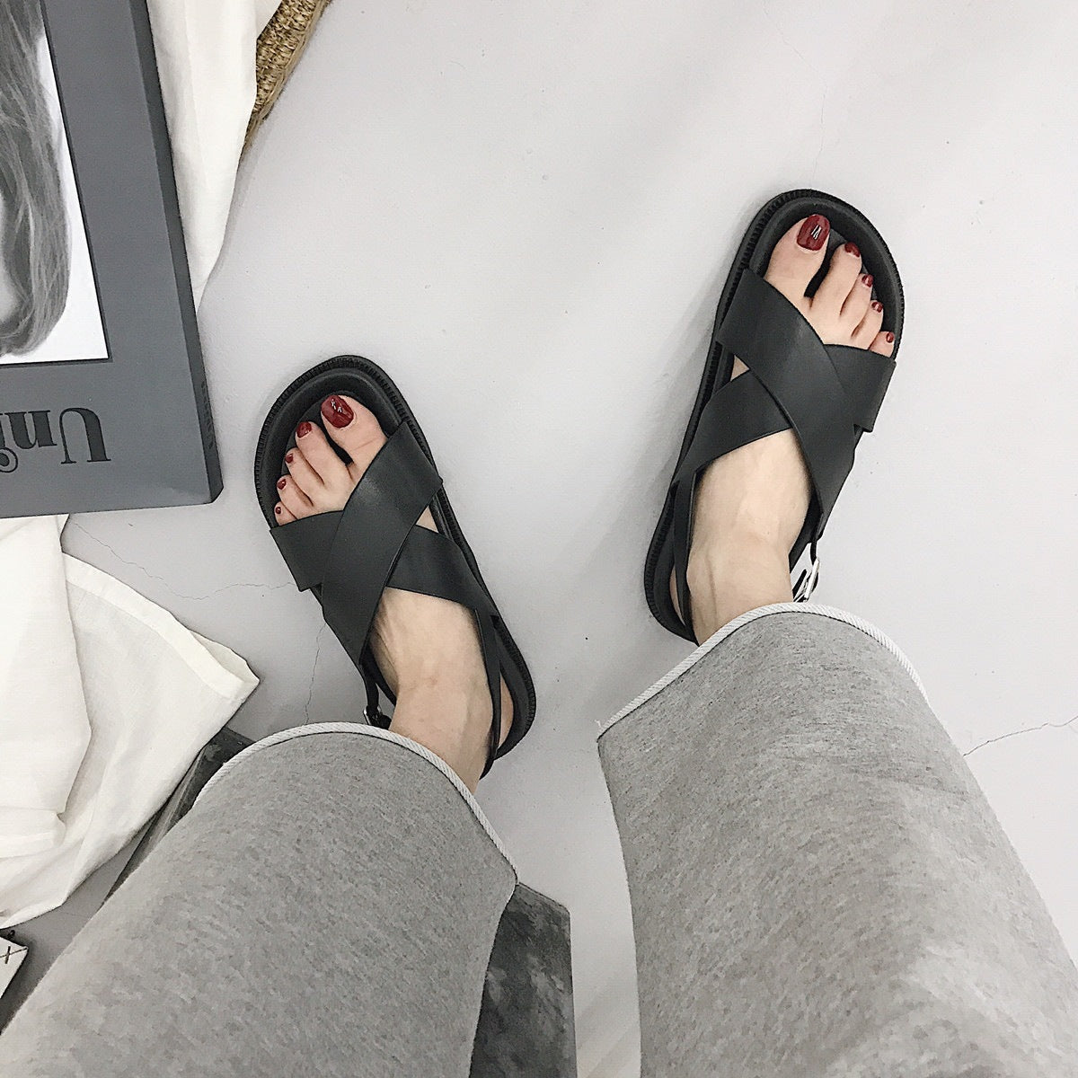 Thick Sole Sandals, Preppy Style Cross Roman Sandals