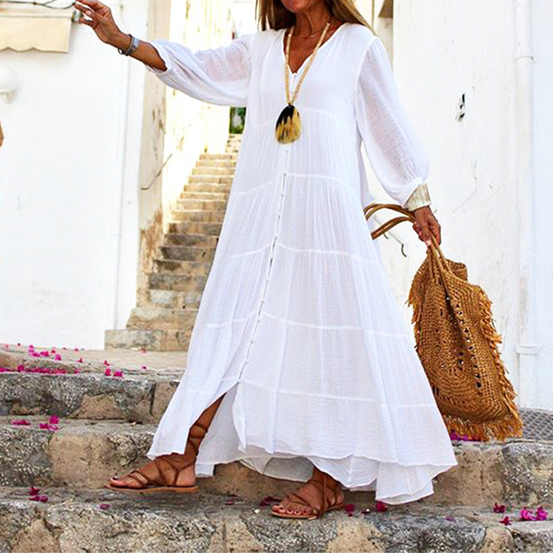 V-neck Long-sleeved Cotton Linen Dress for Women(multi colors)
