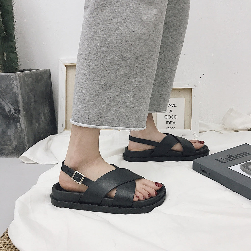 Thick Sole Sandals, Preppy Style Cross Roman Sandals