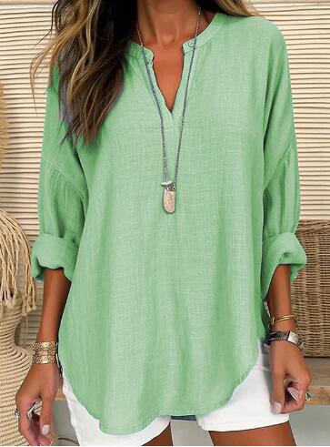 Lightweight V-Neck Long Sleeve Linen Shirt for Women