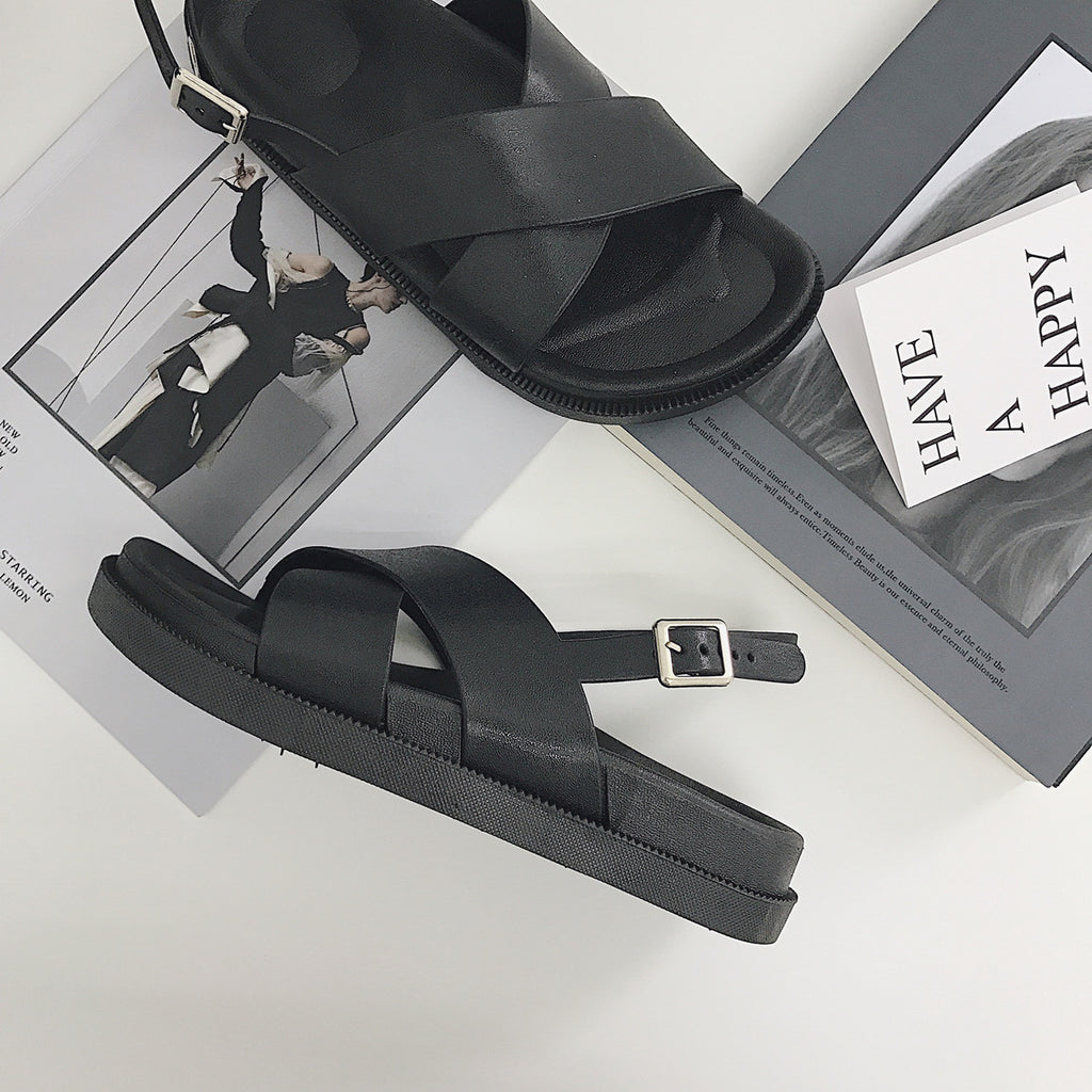 Thick Sole Sandals, Preppy Style Cross Roman Sandals