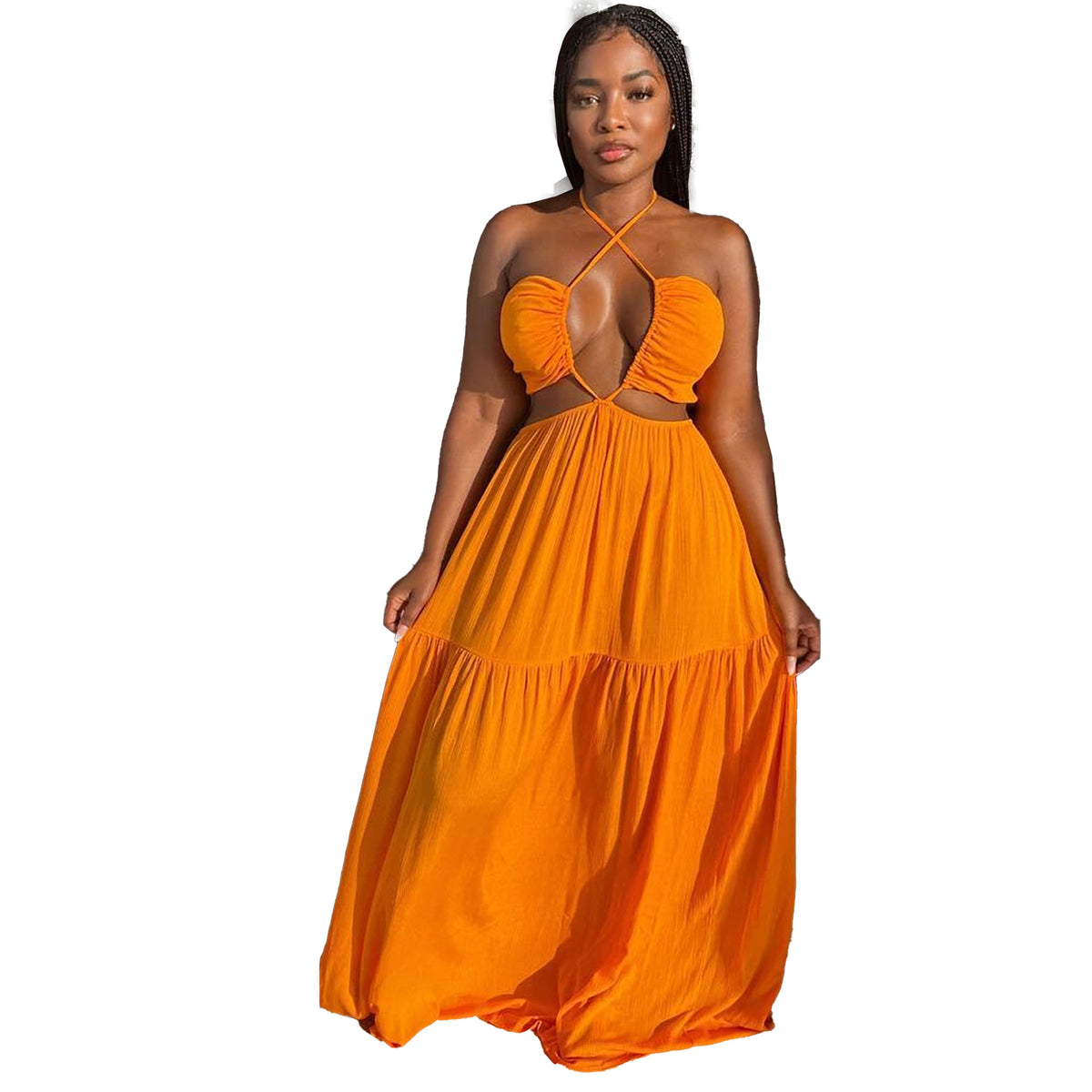 Lace-Up Halter Stitching Cross Smocking Mop Dress(multi colors)