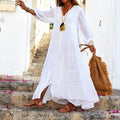 V-neck Long-sleeved Cotton Linen Dress for Women