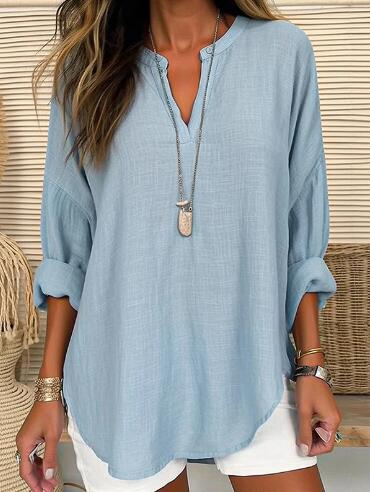 Lightweight V-Neck Long Sleeve Linen Shirt for Women