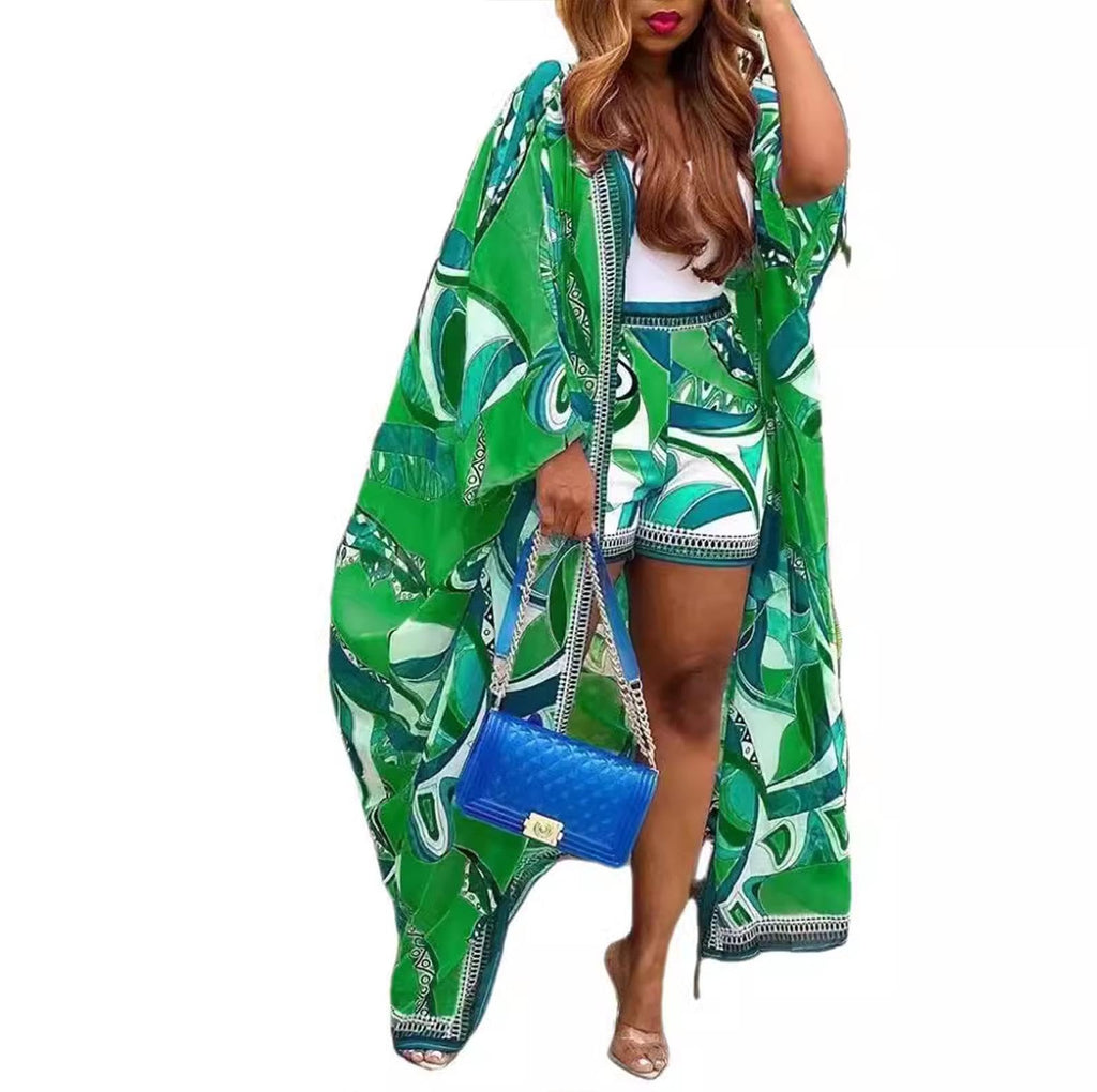 Floral green Shorts Set for Women 2 Piece Summer Vacation Outfits  Kimono Beach Cover up Duster and Short Sets
