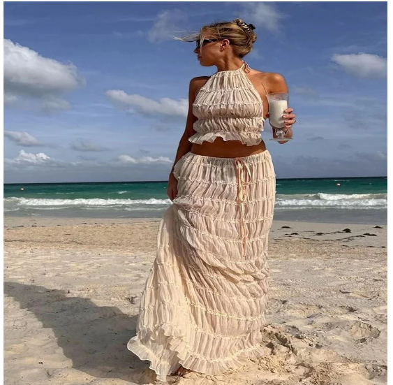 Two-Piece Set Chiffon Pleated Long Dress with Halter (multi colors)